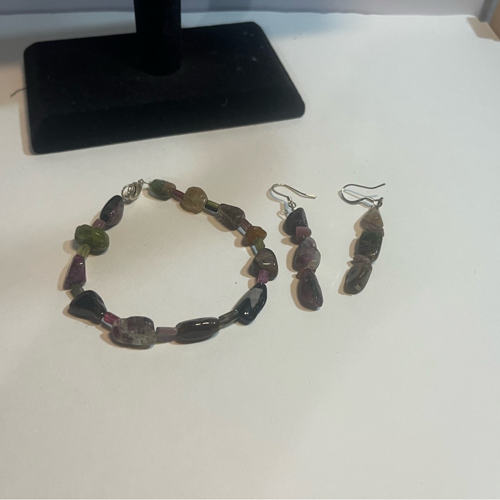 Agate Purple Green Stone Beaded Bracelet silver plate